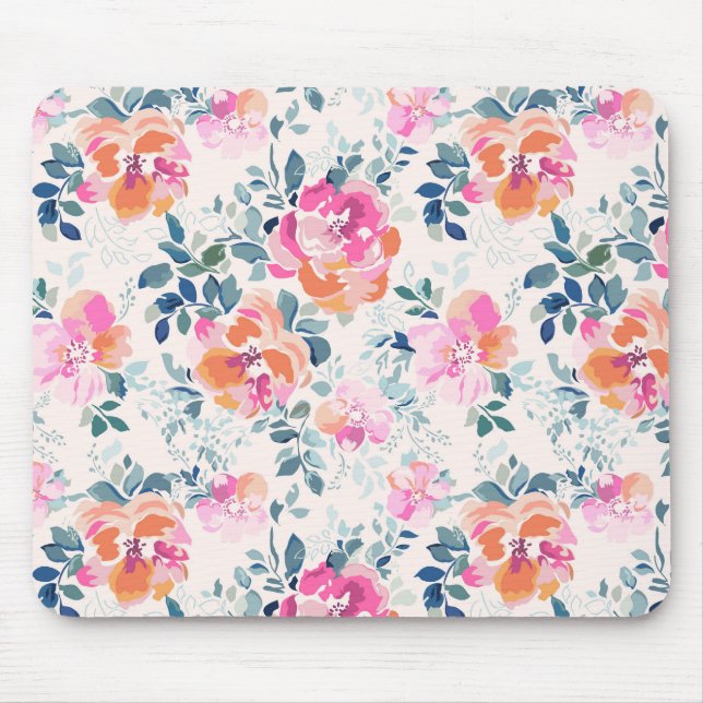 Mousepad Padrão Floral Rosa e Teal (Frente)
