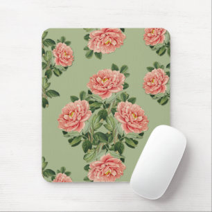 Mousepad Padrão Floral Rosa em Fundo Verde   Sem Costura