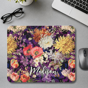 Mousepad Padrão floral roxo elegante amarelo