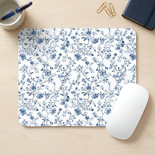 Mousepad Padrão Floral Toile Francês Azul Elegante