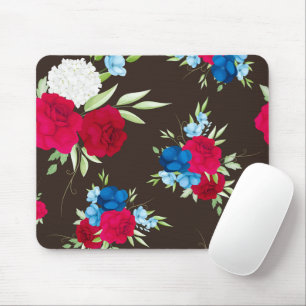 Mousepad Padrão Floral Vermelho Azul Elegante em Marrom Esc