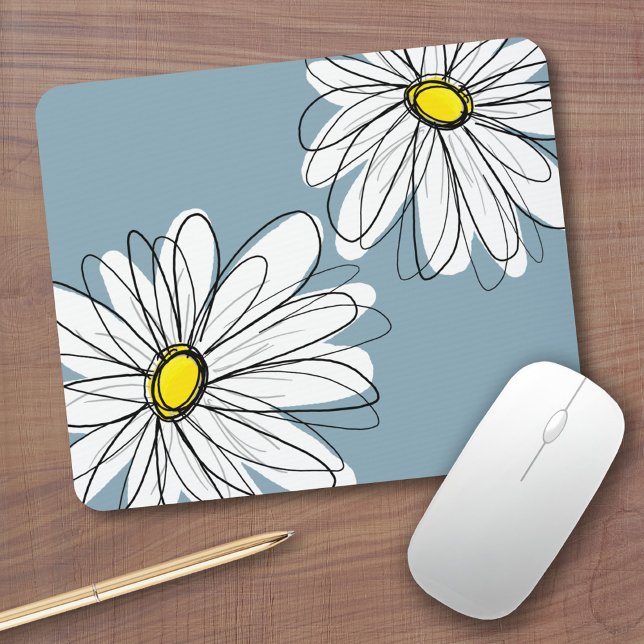 Mousepad Padrão Floral Whimsical em azul-cinza amarelo (Personalized mousepad - Add Photos and Custom Text)