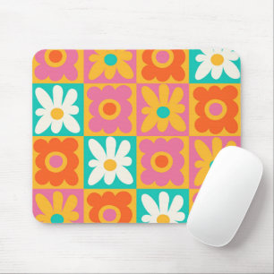 Mousepad Padrão Floral Xadrez Colorido Groovy Retro 70s
