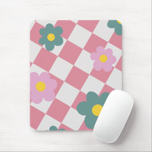 Mousepad Padrão Floral Xadrez Rosa – Flor Fofa Retrô