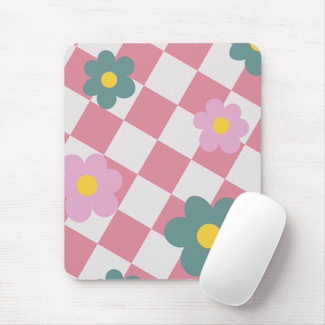 Mousepad Padrão Floral Xadrez Rosa – Flor Fofa Retrô  (Com mouse)