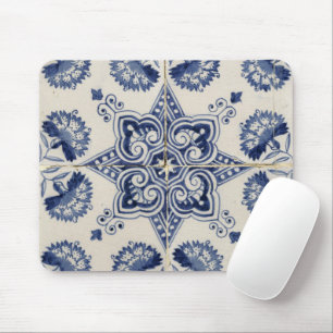Mousepad Padrão Geométrico do Flor Branco Azul-Vintage