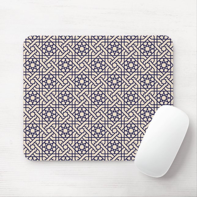 Mousepad Padrão Geométrico Islâmico Azul Branco Marroquino (Com mouse)