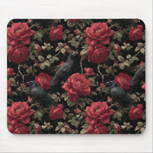 Mousepad Padrão Gótico com Rosas vermelhas e Corvos