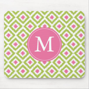 Mousepad Padrão Ikat de Diamantes Verdes com Monogramas
