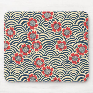 Mousepad Padrão Japonês Creme Onda Marinha Sakura Vermelha