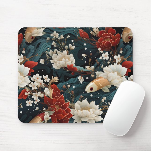 Mousepad Padrão Japonês de Peixes Koi Insoltos (Com mouse)