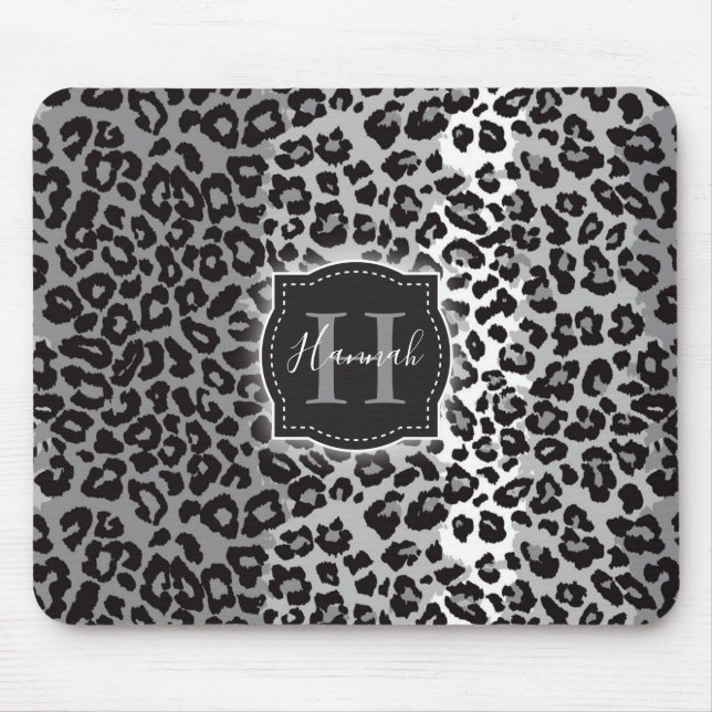 Mousepad Padrão Leopard B & W com Monograma e Nome Personal (Frente)