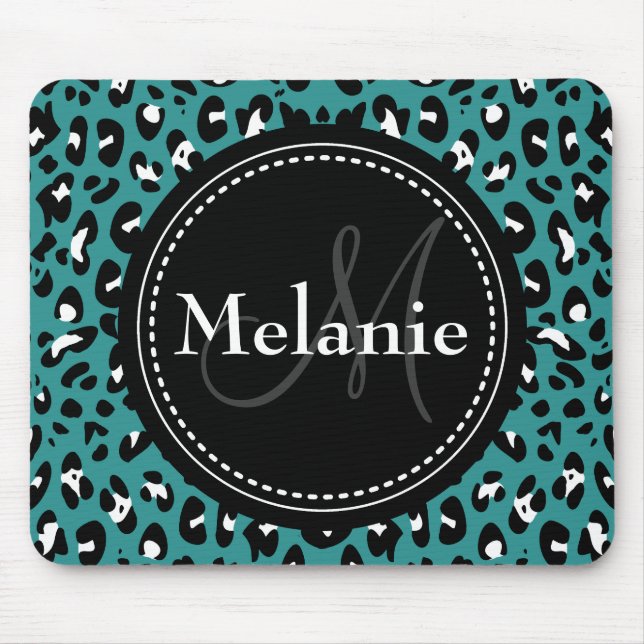 Mousepad Padrão-Leopardo Branco Preto-Teal Monograma (Frente)