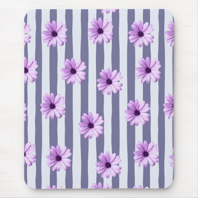 Mousepad padrão listrado com margaridas roxas (Frente)