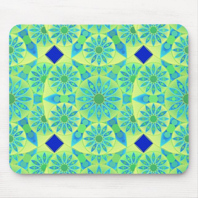 Mousepad Padrão Mandala, turquesa, azul, verde limão (Frente)