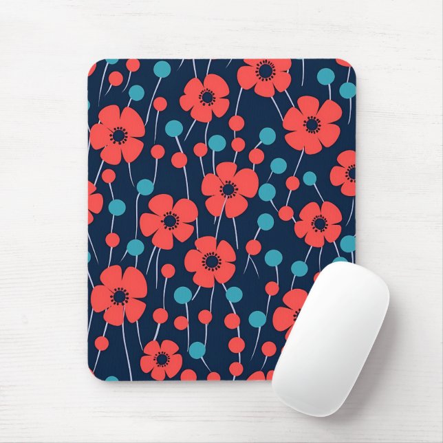 Mousepad Padrão marinho Azul Vermelho Poppy Impressão Flora (Com mouse)