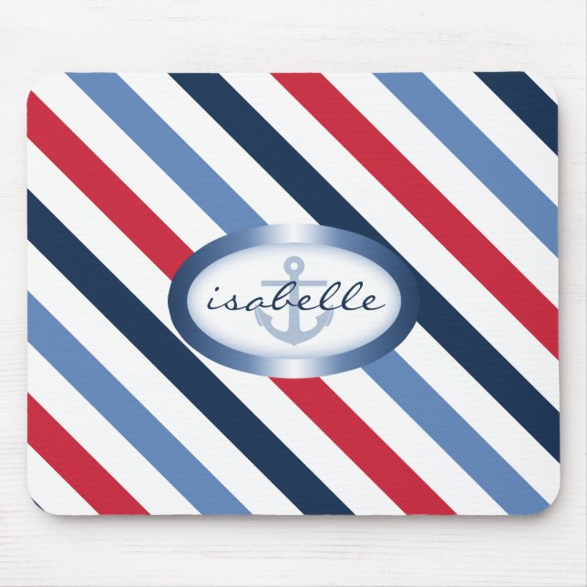 Mousepad Padrão Náutico Personalizado de Stripe e Âncora (Frente)