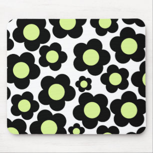 Mousepad Padrão Preto de Flor de Hippie Verde Neon