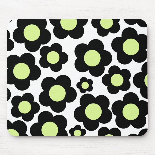 Mousepad Padrão Preto de Flor de Hippie Verde Neon (Frente)
