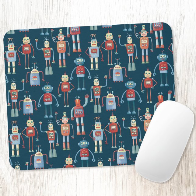 Mousepad Padrão robô escuro (Retro robots fun art mousemat)