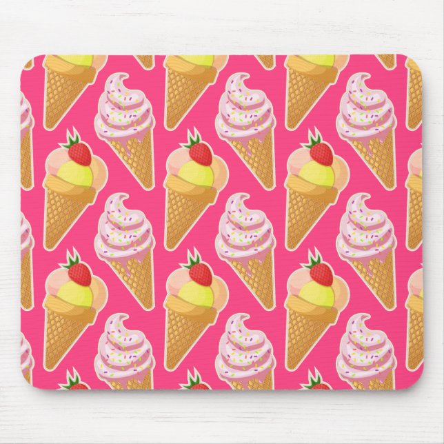Mousepad Padrão rosa Kawaii com sorvete de morango (Frente)