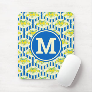 Mousepad Padrão Summery Blue Stripes & Lemons and Leaves