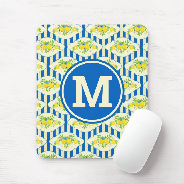 Mousepad Padrão Summery Blue Stripes & Lemons and Leaves (Com mouse)