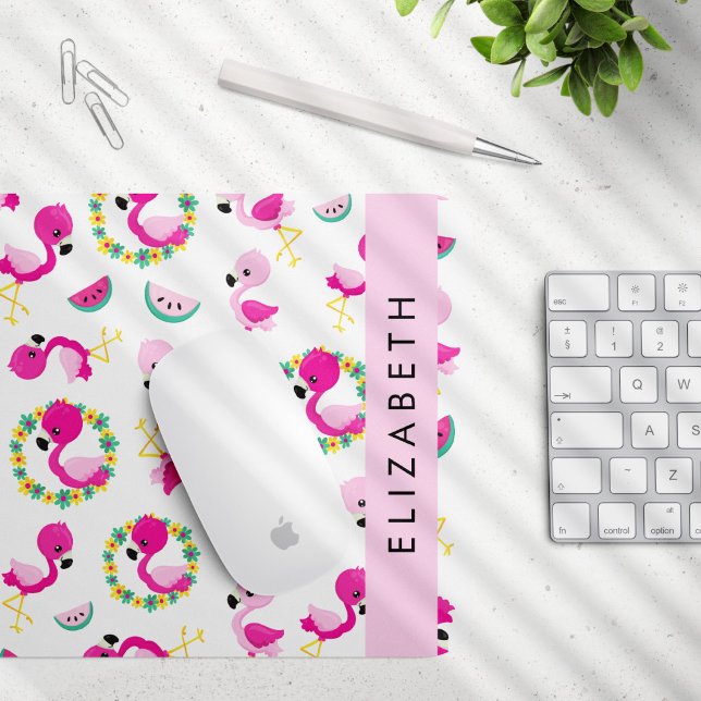 Mousepad Padrão Tropical, Flamingos, Flores, Seu Nome (Criador carregado)