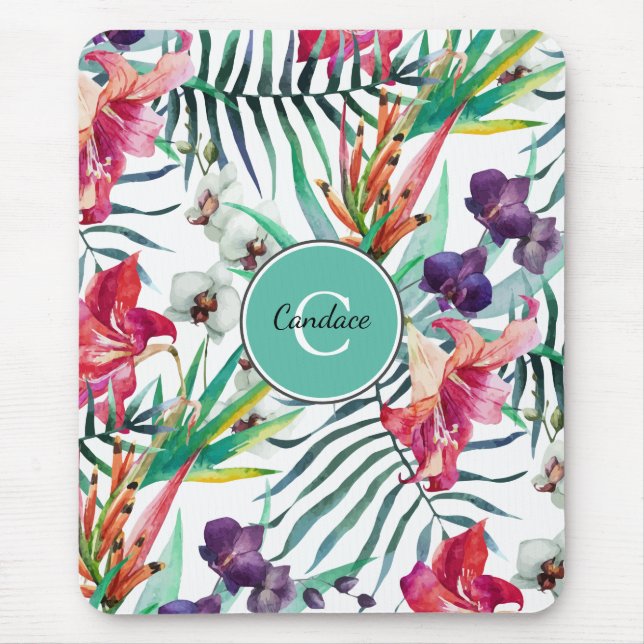 Mousepad Padrão Tropical Floral da Ilha com Monograma (Frente)