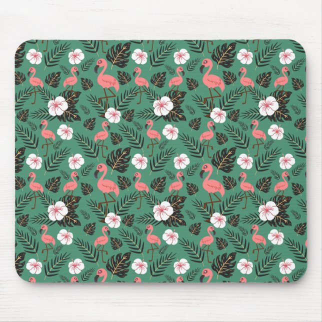 Mousepad Padrão uniforme Flamingo rosa sobre fundo verde (Frente)