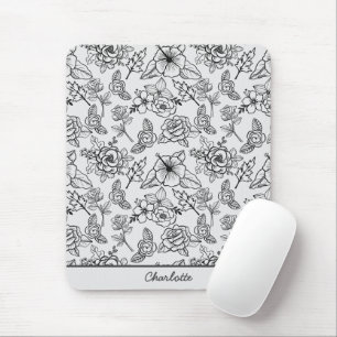 Mousepad Padrão uniforme floral preto e branco personalizad