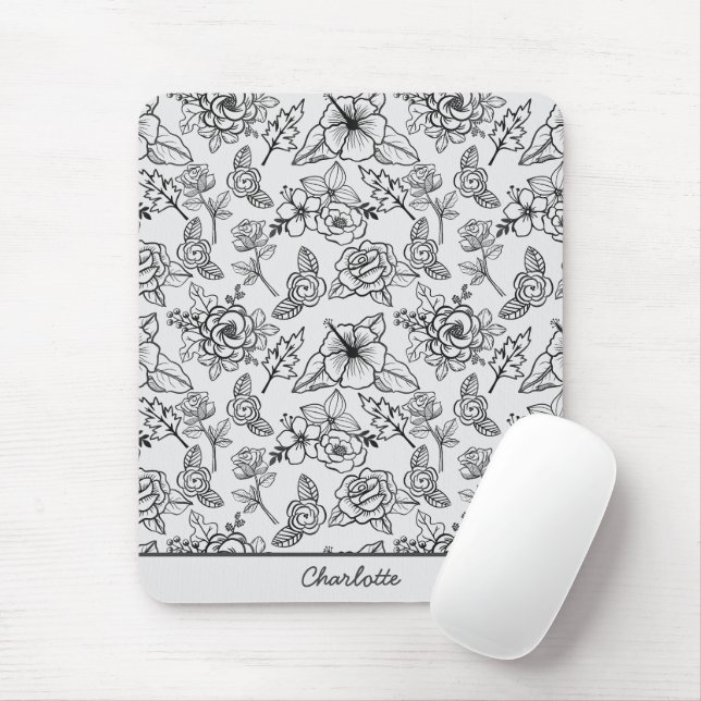 Mousepad Padrão uniforme floral preto e branco personalizad (Com mouse)