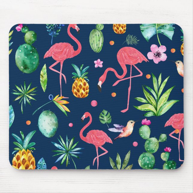 Mousepad Padrões de Flamingos e Flores Tropicais Rosa (Frente)