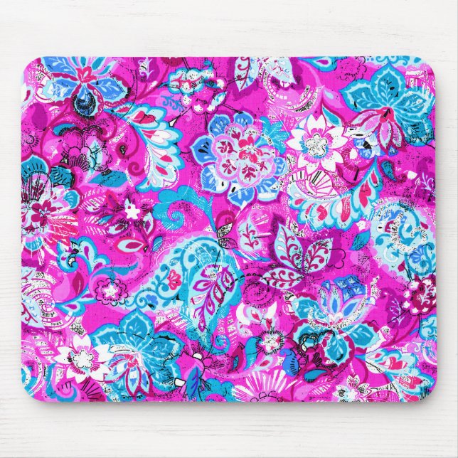 Mousepad Padrões de flores rosas, azuis e brancas (Frente)