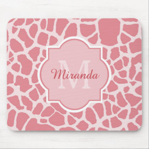 Mousepad Padrões de girafa rosa adorável com monograma e no