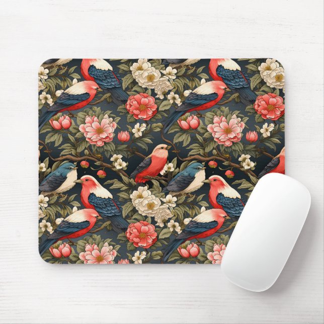 Mousepad Padrões decorativos de aves e flores com na moda (Com mouse)