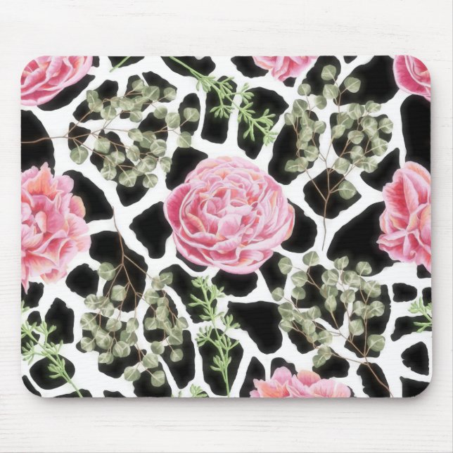 Mousepad Padrões e flores de girafa rosa e preta (Frente)