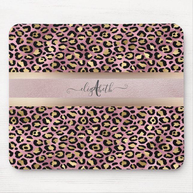 Mousepad Padrões leopardo Monograma Rosa Dourado Preto (Frente)
