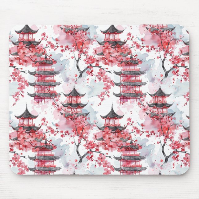 Mousepad Pagoda Chinesa Aquarela com Blossomas de Cereja (2 (Frente)