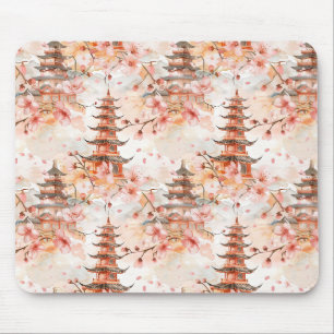Mousepad Pagoda Chinesa Aquarela com Flores de Cereja (1)