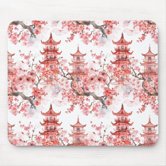 Mousepad Pagoda Chinesa Aquarela com Flores de Cereja (3) (Frente)