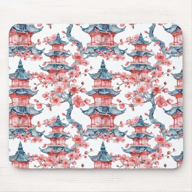 Mousepad Pagoda Chinesa Aquarela com Flores de Cereja (6) (Frente)
