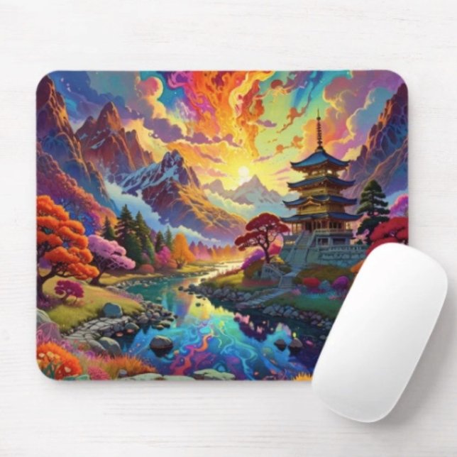 Mousepad Pagode e Paisagem Colorida  (Vibrant Pagoda  Fantasy Landscape mouse pad durable dust and stain resistant.. Non-slip rubber.)