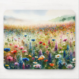 Mousepad Paisagem Cênica de Flores Silvestres aquarela