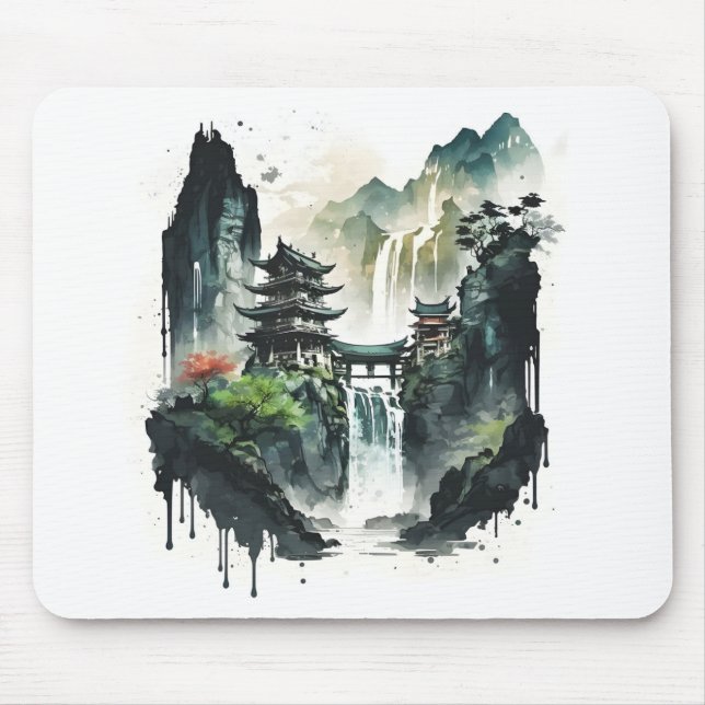Mousepad Paisagem Chinesa Antiga com Cascata (Frente)