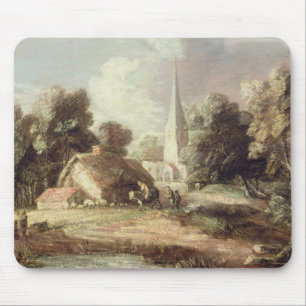 Mousepad Paisagem com uma igreja, casa de campo, aldeões e