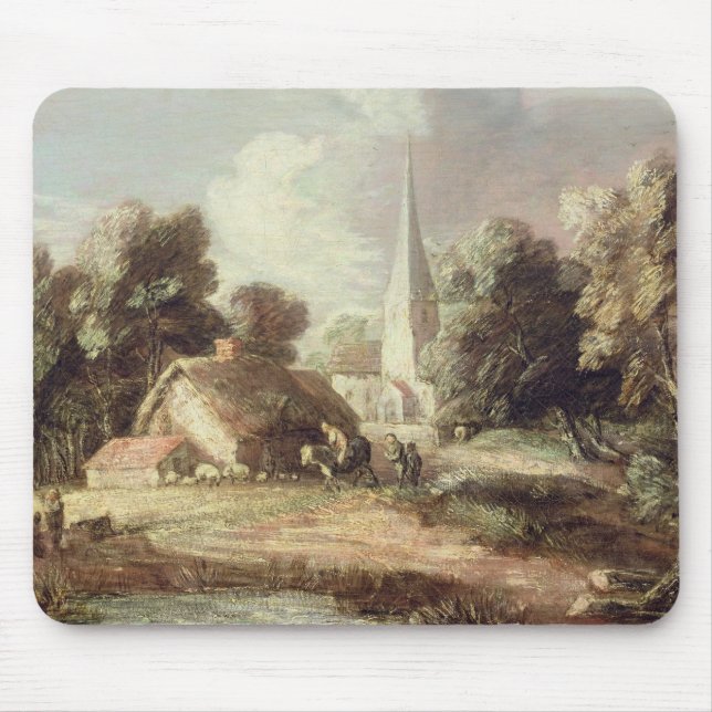 Mousepad Paisagem com uma igreja, casa de campo, aldeões e (Frente)