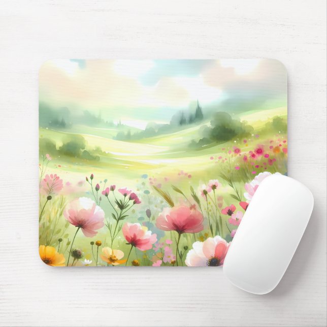 Mousepad Paisagem de Prado de Flores Silvestres Pastel (Com mouse)