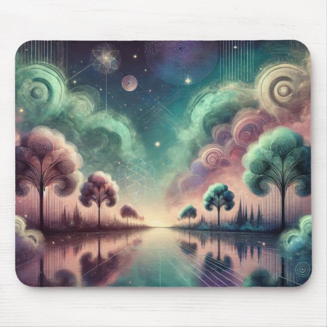 Mousepad Paisagem de Sonho Árvores Giratórias Reflexos Cósm (Frente)