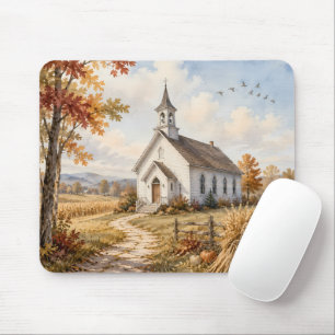 Mousepad Paisagem em Aquarela de Igreja Rural de Outono